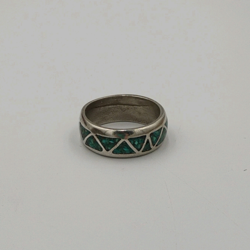 Vintage Unisex TURQUOISE CHIP INLAY BAND STERLING SILVER RING Size 11